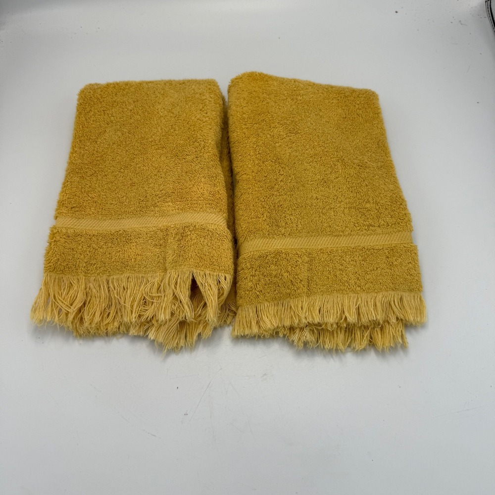 Vintage 70s Cannon Royal Family Mustard Yellow Hand Towels Fringed Set of 2 USA